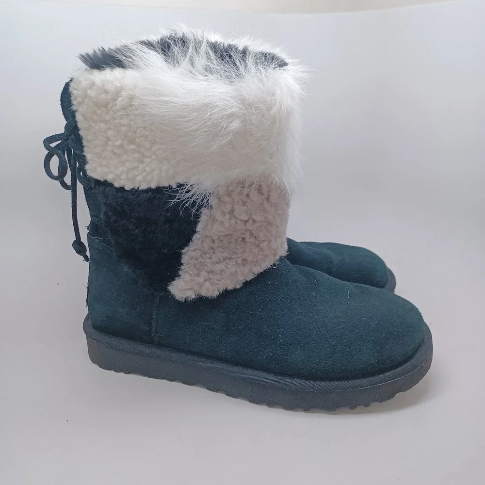 UGG Australia Women Black Suede Mixed Faux Fur Lace Up Back Boots US 8
